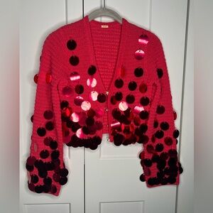 Cult Gaia Donya Knit Sequin Embellished Crop Cardigan in Ghermez Rose Size XS